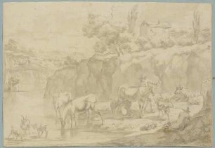 Gebirgslandschaft mit Kühen und Ziegen am Fluss im Vordergrund, zwei Hirten und eine melkende Bäuerin