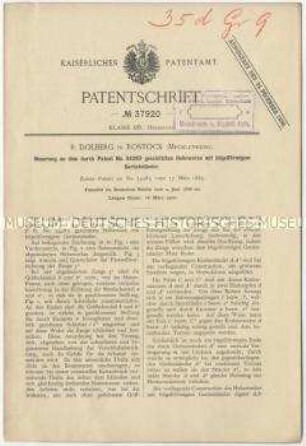 Patentschrift einer Neuerung an dem Patent Nr. 34283 geschützten Hebewerk mit bügelförmigem Gerüstständer, Patent-Nr. 37920