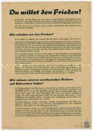 Flugblatt mit Spendenaufruf der Volkssolidarität, für Unterstützung der westdeutschen Brüder und Schwestern beim nationalen Widerstand