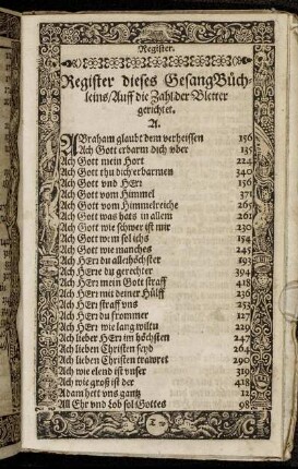 Register dieses Gesang Büchleins/ Auff die Zahl der Bletter gerichtet.