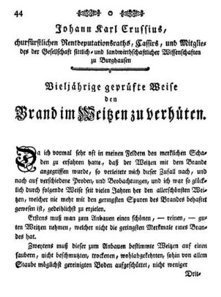 Johann Karl Crussius, [...] Vieljährige geprüfte Weise den Brand im Weitzen zu verhüten.