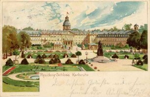 Postkartenalbum mit Motiven von Karlsruhe. "Residenzschloss Karlsruhe". Schloss mit Schlossplatz und Denkmal für Großherzog Karl Friedrich