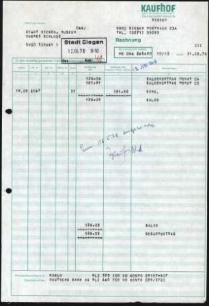 2 Firmenbriefköpfe Kaufhof, Zweigniederlassung Siegen/Westf.