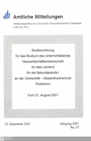 Studienordnung für das Studium des Unterrichtsfaches Hauswirtschaftswissenschaft für das Lehramt für die Sekundarstufe I an der Universität-Gesamthochschule Paderborn : vom 21. August 2001