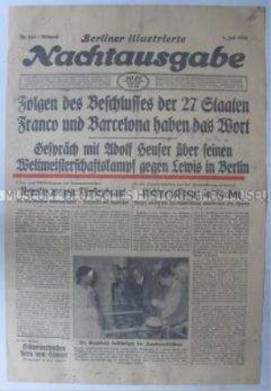Titelblatt der Abendzeitung "Berliner illustrierte Nachtausgabe" u.a. zum Bürgerkrieg in Spanien