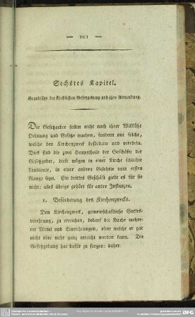 Sechstes Kapitel. Grundsätze der kirchlichen Gesetzgebung und ihre Anwendung