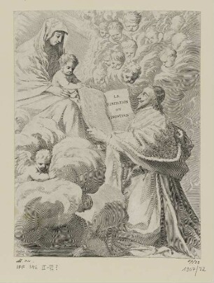 Kardinal Richelieu vor Maria mit Kind kniend, Titelblatt aus: Armand-Jean du Plessis, "La Perfection du Chrestien", Paris 1646