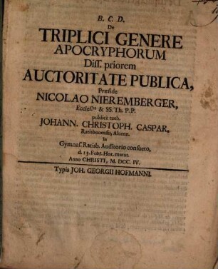 De triplici genere apocryphorum diss. prior