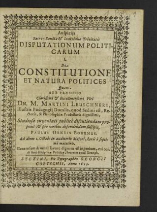 Disputationum Politicarum ... De Constitutione Et Natura Politices