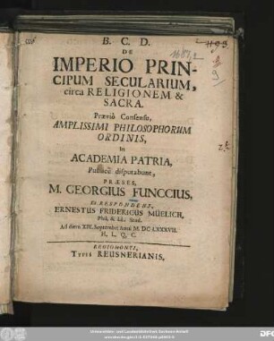 De Imperio Principum Secularium, circa Religionem & Sacra