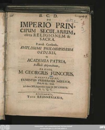 De Imperio Principum Secularium, circa Religionem & Sacra