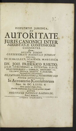 Disputatio Iuridica, De Autoritate Iuris Canonici Inter Augustanae Confessionis Consortes