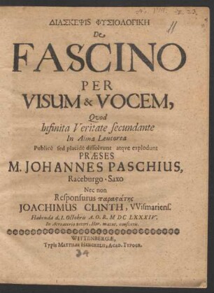 Diaskepsis Physiologikē De Fascino Per Visum & Vocem