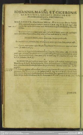 Johannis, Magni, Et Ciceronis Germanici, Quarti Electoris Brandenburgici, Posteritas, ex Coniuge ...