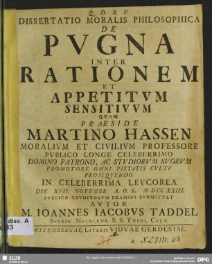 Dissertatio Moralis Philosophica De Pugna Inter Rationem Et Appetitum Sensitivum