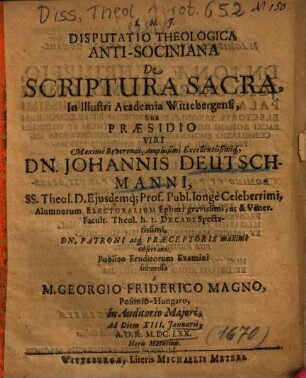 Disputatio Theologica Anti-Sociniana De Scriptura Sacra