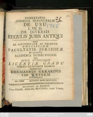 Dissertatio Juridica Inauguralis De Usu L. VII. D. De Diversis Regulis Juris Antiqui