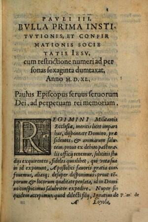 Litterae apostolicae, quibus institutio, confirmatio et varia privilegia, Societati Jesu a Sede apost. concessa, continentur