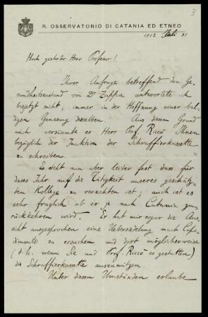 Nr. 3 Brief von Azeglio Bemporad an Karl Schwarzschild. Catania, 31.7.1912