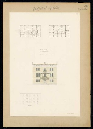 Präsidialgebäude Monatskonkurrenz Oktober 1841: Grundriss Erdgeschoss, 1.Obergeschoss, Aufriss Vorderansicht, Längsansicht