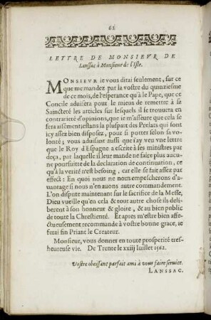 Lettre De Monsieur De Lanssac à Monsieur de l'Isle