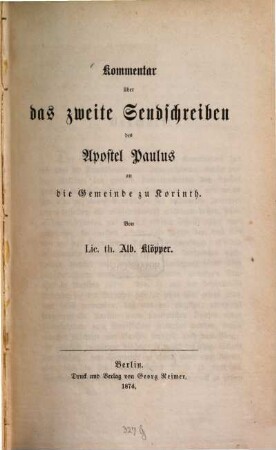 Kommentar über das zweite Sendschreiben des Apostel Paulus an die Gemeinde zu Korinth