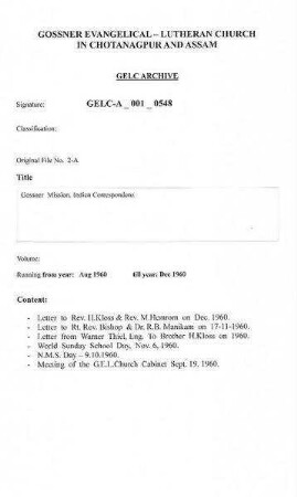 Gossner Mission, India Correspondence