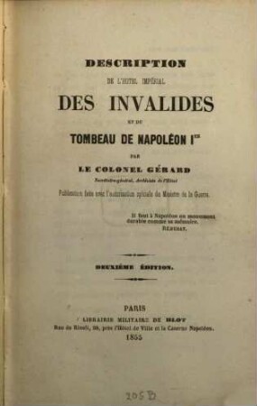 Description de l'Hôtel Impérial des Invalides et du tombeau de Napoléon Ier