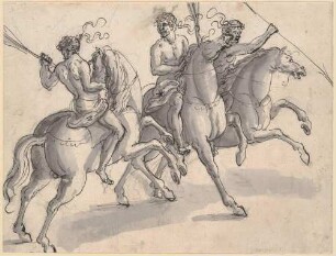 Drei afrikanische Reiter; Vorzeichnung zu Balthasar Küchlers: "Repraesentatio der Fürstlichen Auffzug und Ritterspil..." 1609