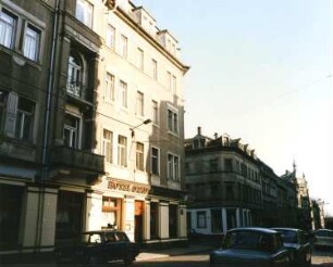 Dresden-Neustadt, Kamenzer Straße 1/Louisenstraße 77. Hotel "Stadt Rendsburg" (1884 erbaut). Straßenansicht (Louisenstraße)