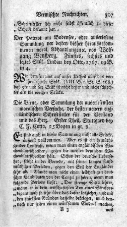 Die Biene, oder Sammlung der auserlesensten moralischen Versuche, der besten neuern engländischen Schriftsteller für den Verstand und das Herz.