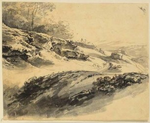 Bewachsene Felsen mit zwei Hirten und Herde