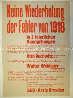 Maueranschlag der SED Dresden mit Ankündigung zweier Kundgebungen zum 9. November 1946