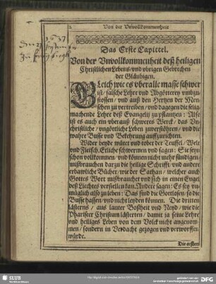 Das Erste Capittel. Von der Unvollkommenheit deß heiligen Christlichen Lebens, und ubrigen gebrechen der Gläubigen