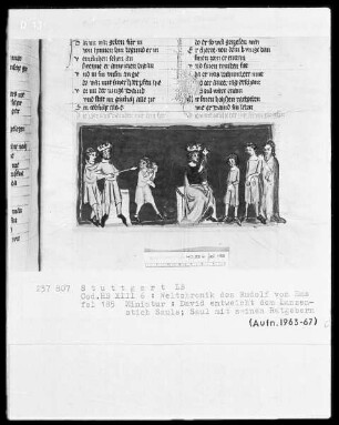 Weltchronik - Bruder Philipp — ---, Folio 1recto-256recto---, Folio 1recto-256rectoDavid entweicht dem Speer Sauls und Saul mit seinen Ratgebern, Folio 185recto