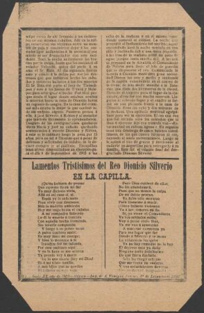 Lamentos tristisimos del reo Dionisio Silverio en la capilla.