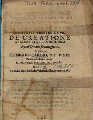 Disputatio Theologica VII. De Creatione Angelorum imprimis & Hominum