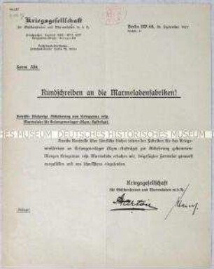 Rundschreiben der Kriegsgesellschaft für Obstkonserven und Marmeladen an die Marmeladenfabriken mit beigefügtem Formular zur Mengenangabe der Lieferung an Kriegsgefangenenlager