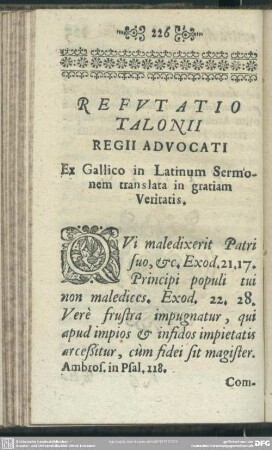 Refutatio Talonii Regii Advocati Ex Gallico in Latinum Sermonem translata in gratiam Veritatis
