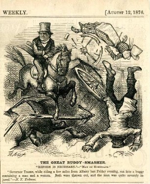 The great buggy-smasher. [Anschließend folgt ein Textblock] : Governeur Tilden rammt mit seinem Pferd eine Kutsche