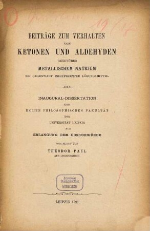Beiträge zum Verhalten von Ketonen und Aldehyden gegenüber metallischem Natrium bei Gegenwart indifferenter Lösungsmittel