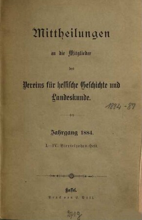 Mitteilungen des Vereins für Hessische Geschichte und Landeskunde Kassel 1834 e.V.. 1884