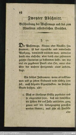 Zweyter Abschnitt. Beschreibung der Wasserwage und des zum Nivelliren erforderlichen Geräthes