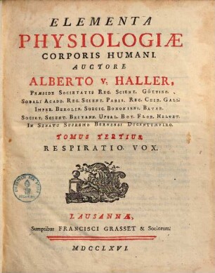 Elementa Physiologiae Corporis Humani, Tomus Tertius. Respiratio. Vox