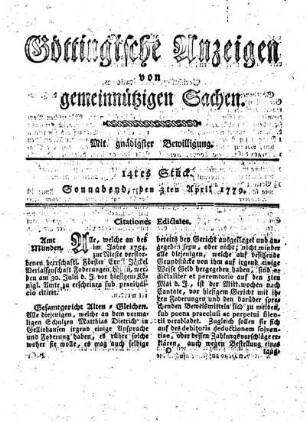 14tes Stück. Sonnabend, den 3ten April 1779.
