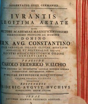 Dissertatio Ivris Germanici De Ivrantis Legitima Aetate