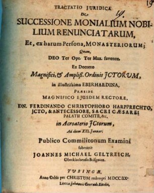 Tractatio iur. de successione monialium nobilium renunciatarum, et ex harum persona, monasteriorum