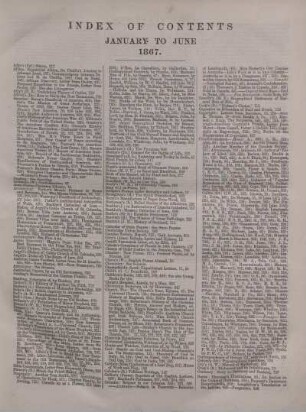 INDEX OF CONTENTS JANUARY TO JUNE 1867.