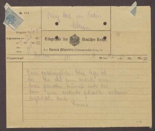 Telegramm von Walter Simons an Prinz Max von Baden; Dank für die Glückwünsche zur Übernahme des Amtes des Reichsaußenministers