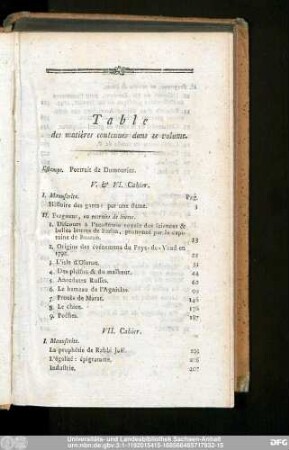 Table des matières contenues dans ce volume.